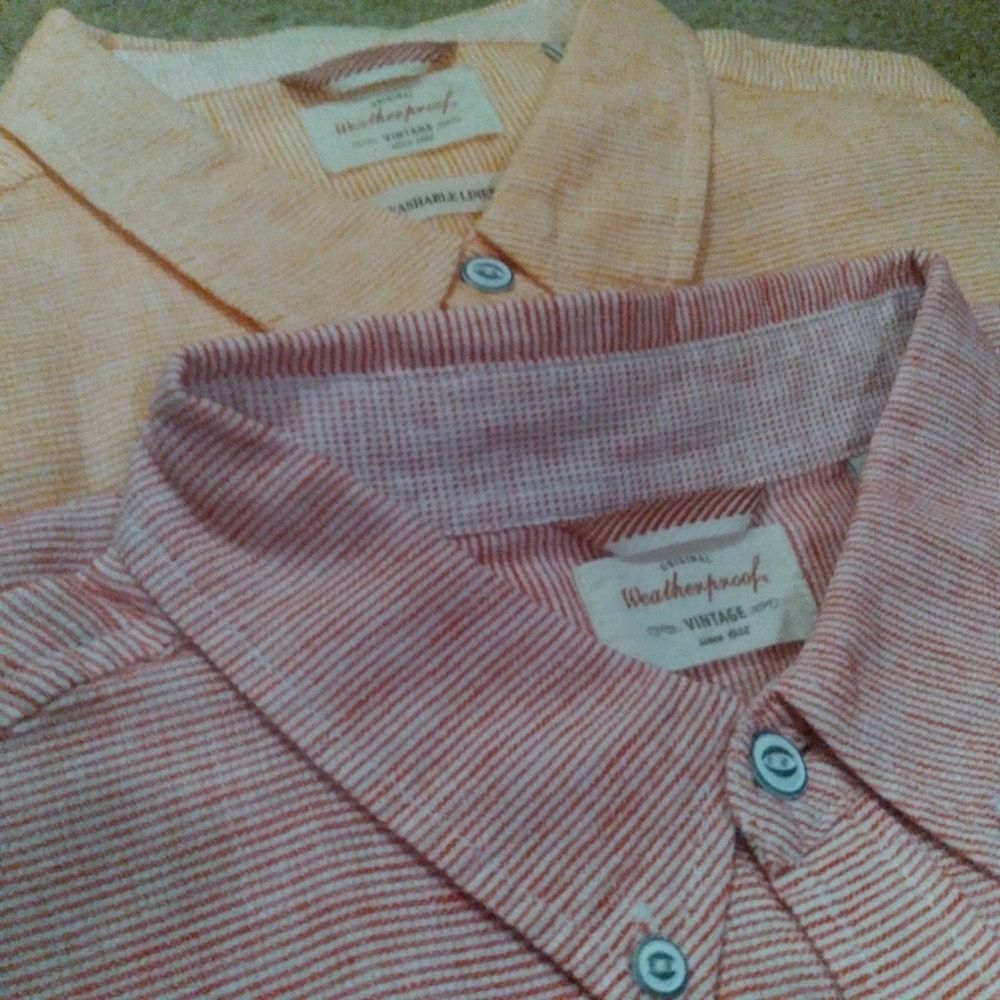 2 Weatherproof Vintage Washable Linen Sunwashed Red & Orange Camp Shirts Lrg